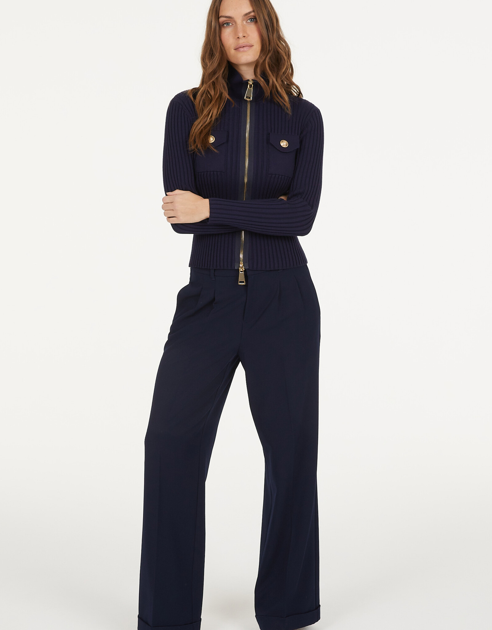 Marc Aurel Pantalon Bandplooi Met Omslag Navy