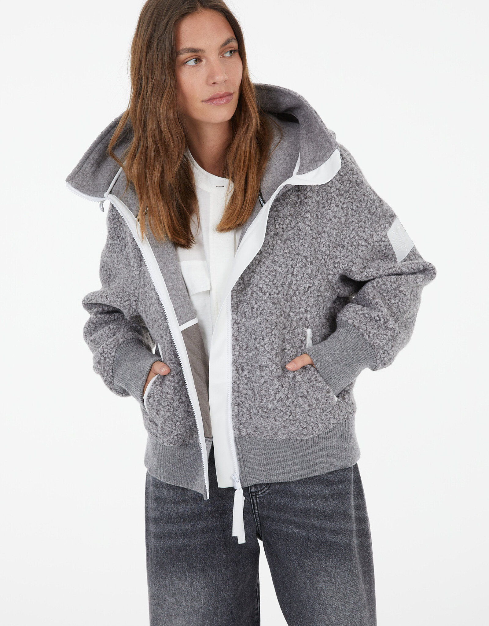 Marc Aurel Boucle Jackje Capuchon Licht grijs