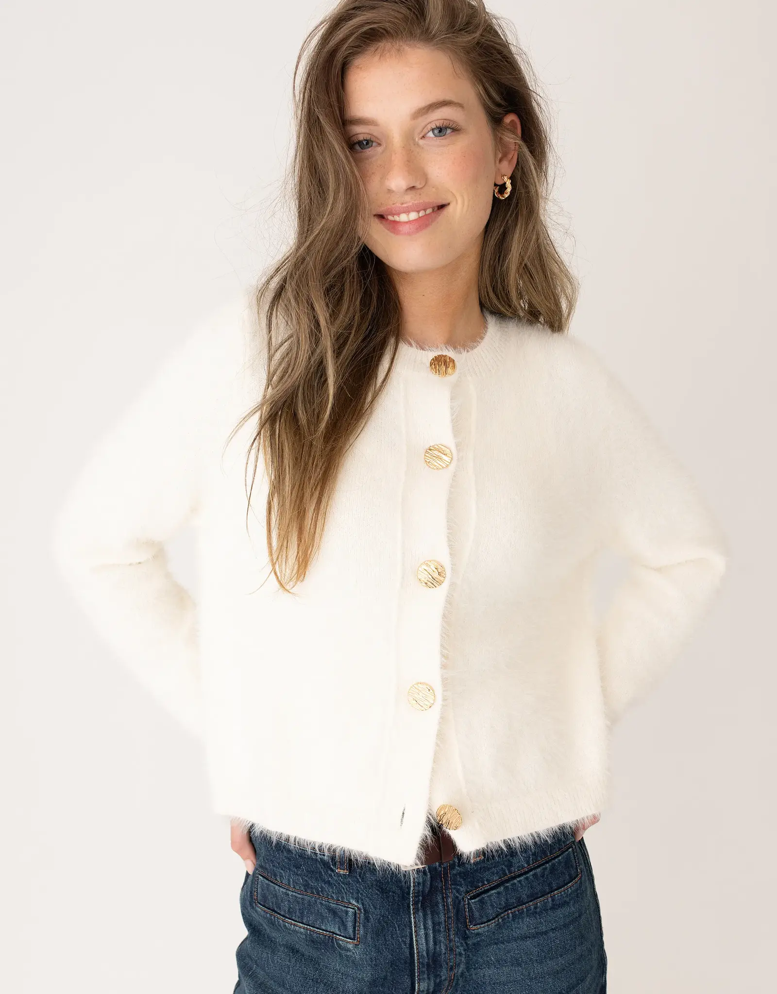 Anna Blue Vest Tweedy Cashmere Gouden knopen Off White