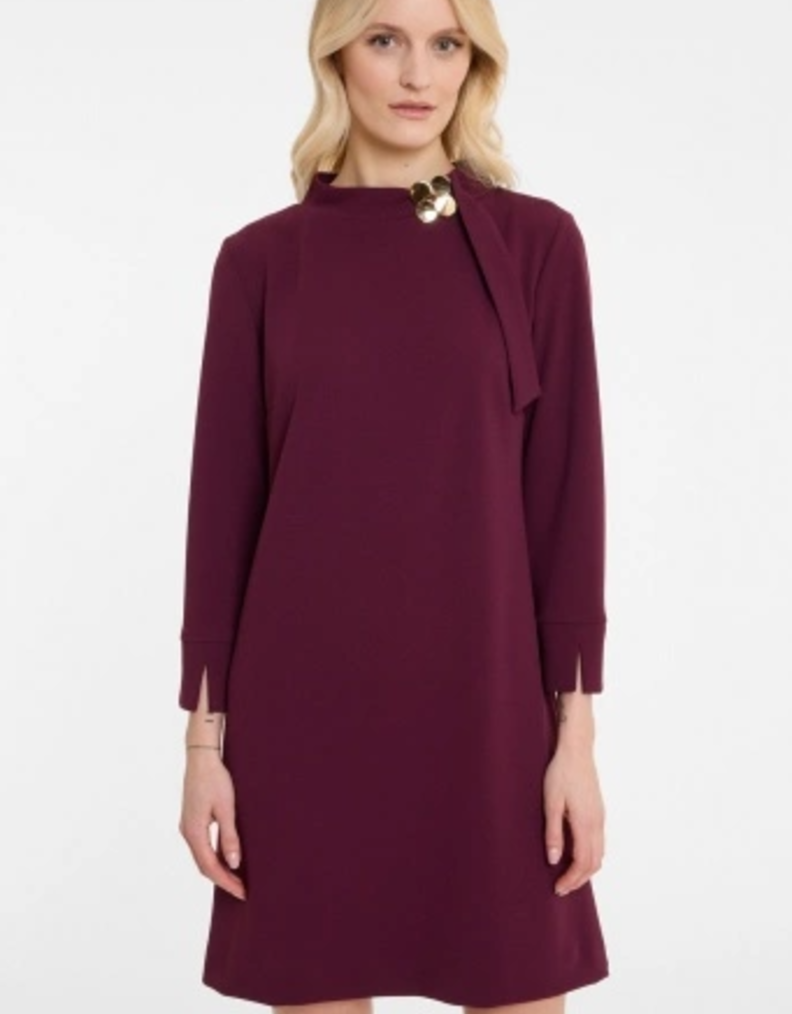 Ana Alcazar Jurk Opstaande Boord Broche 3/4 Mouw Bordeauxrood