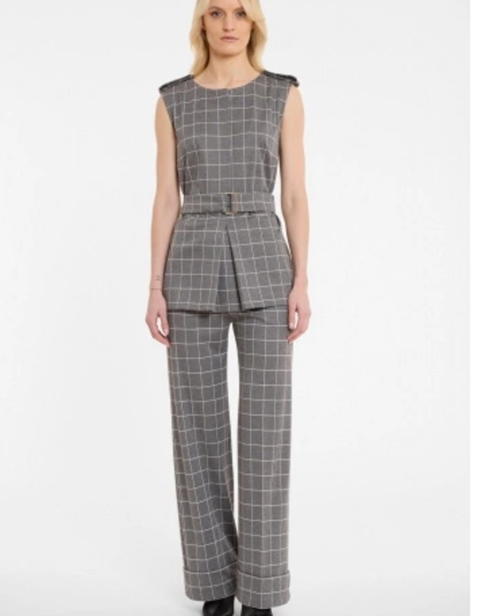 Ana Alcazar Pantalon Wijd Omslag Ruit Grijs Wit