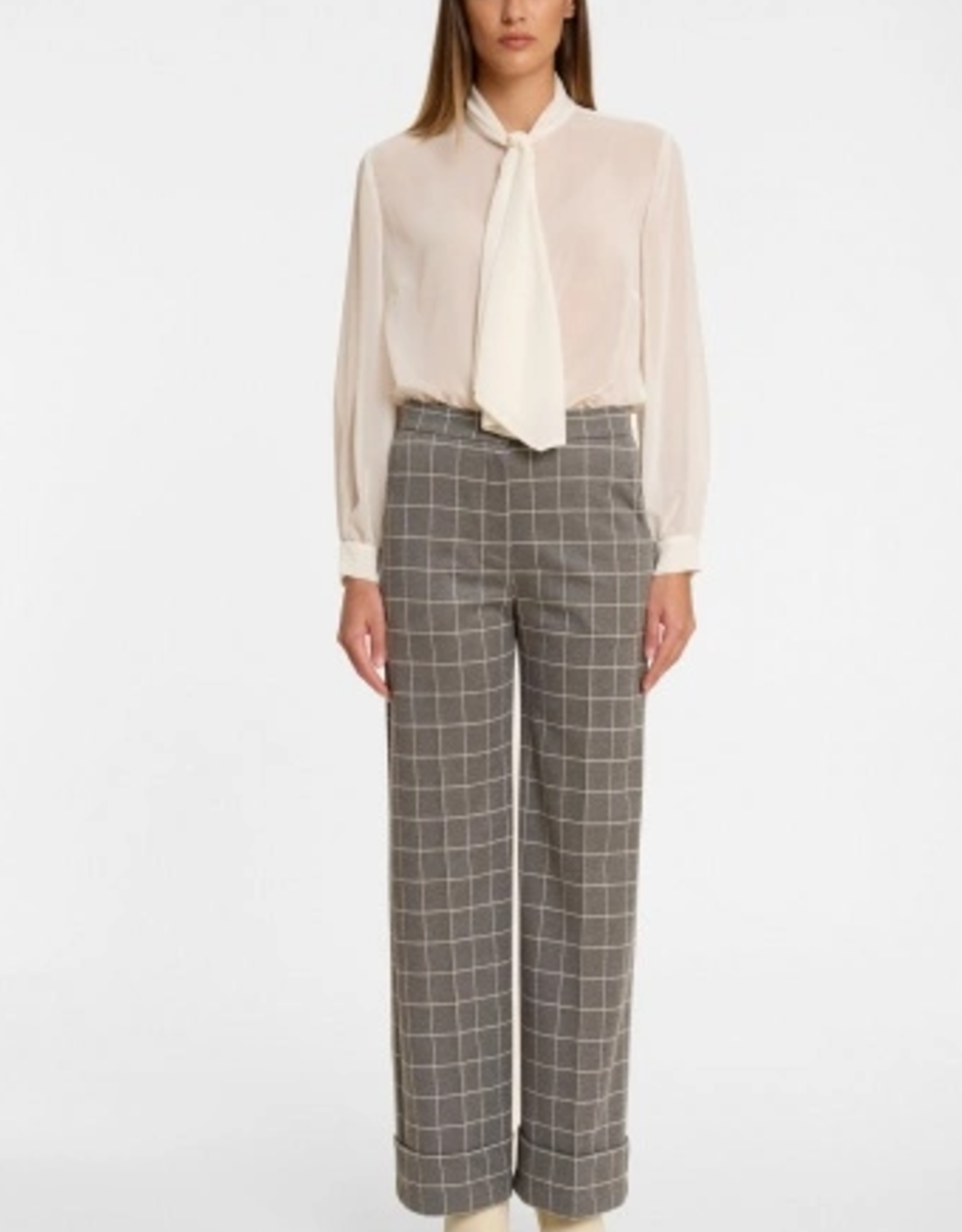 Ana Alcazar Pantalon Wijd Omslag Ruit Grijs Wit