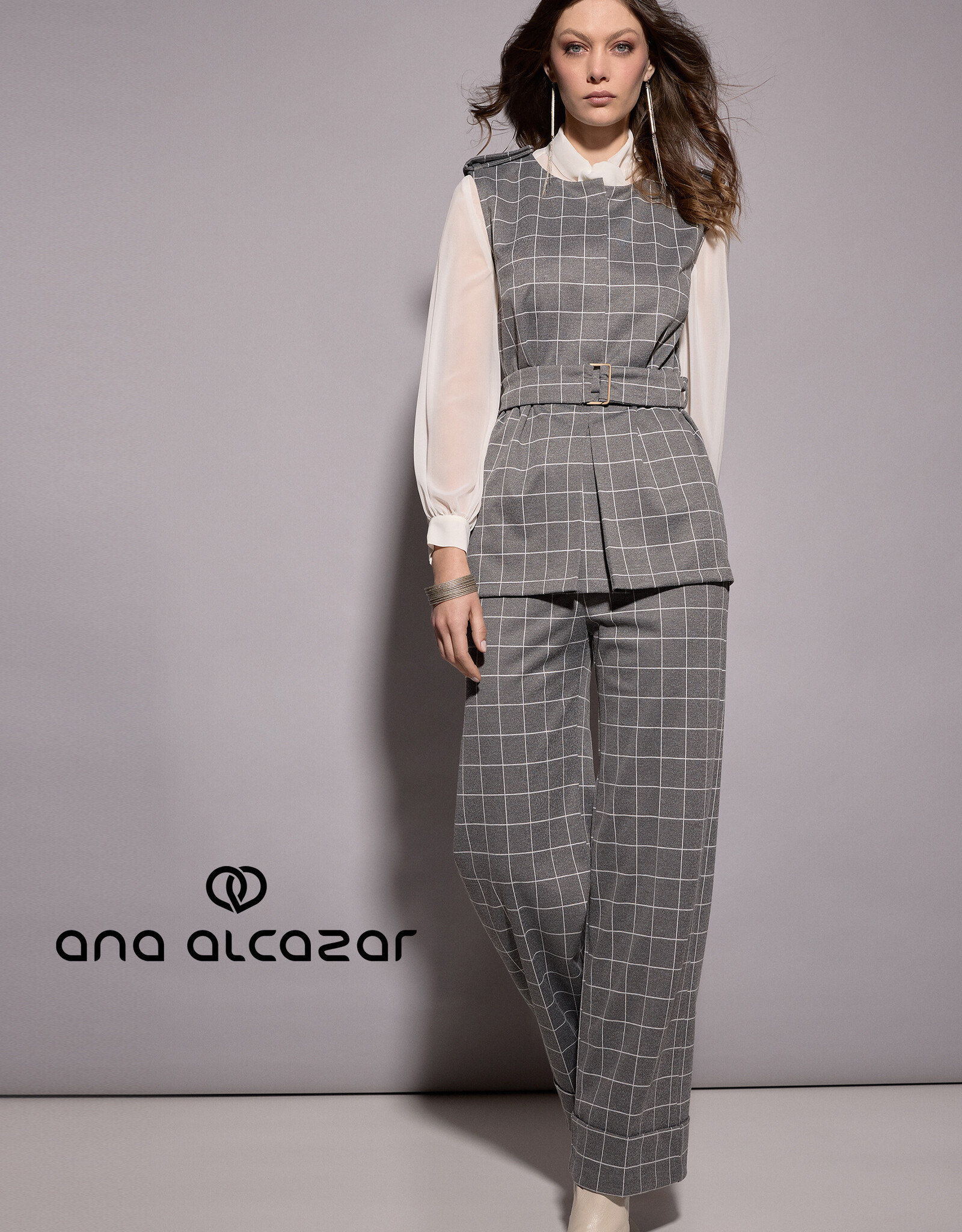 Ana Alcazar Gilet Ruit Ceintuur Grijs Wit