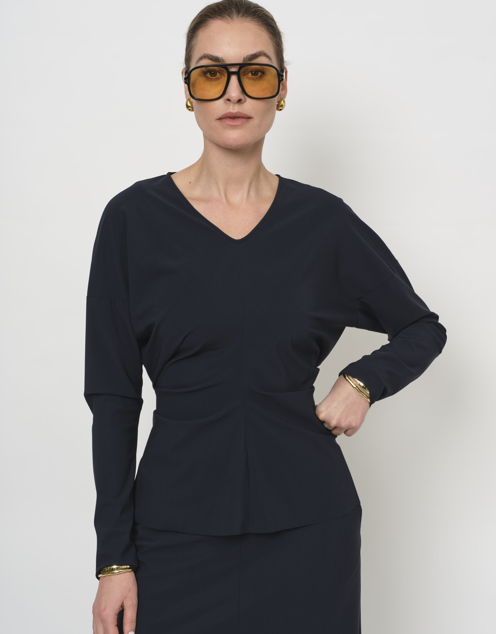 LaSalle V Neck Long Sleeve Top Navy