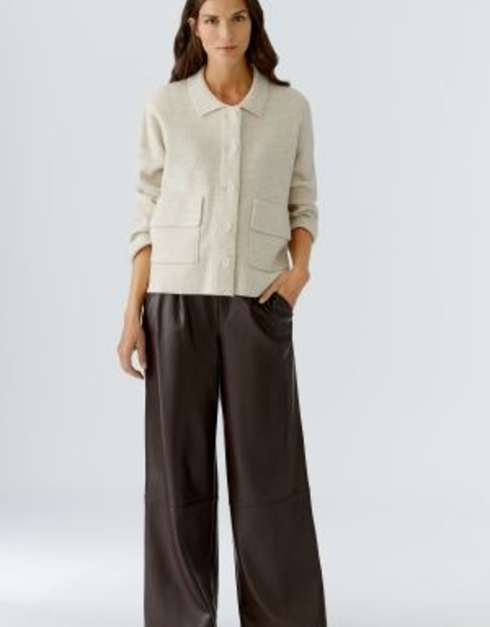 Oui Vest Polo Kraag Beige Met Zakken