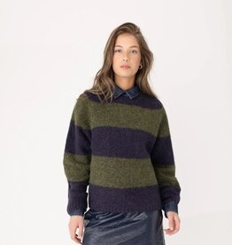 Anna Blue Pullover Dessie Ronde Hals Olive Stripe