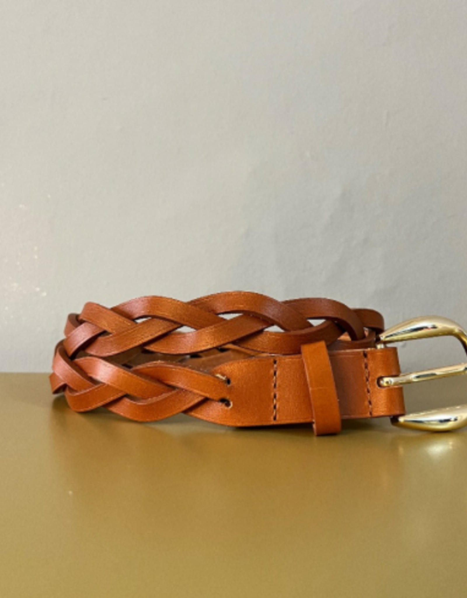 Angelo de Lombardi Ceintuur Cognac Vlecht Gouden Gesp