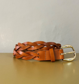 Angelo de Lombardi Ceintuur Cognac Vlecht Gouden Gesp