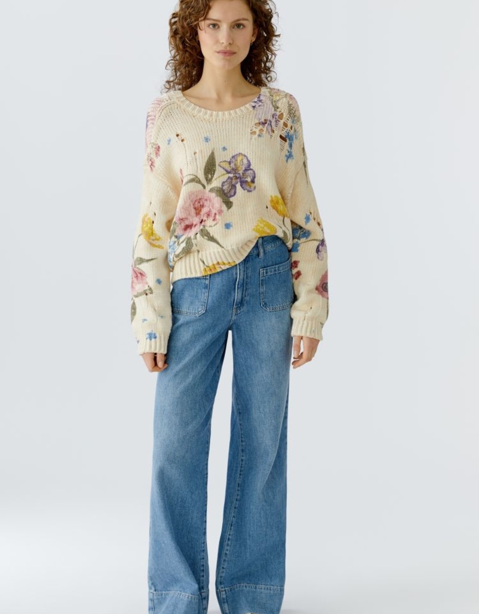 Oui Pullover Bloem Print Pastel Tinten