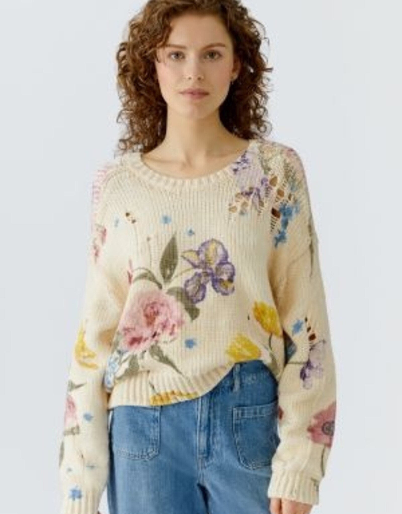 Oui Pullover Bloem Print Pastel Tinten