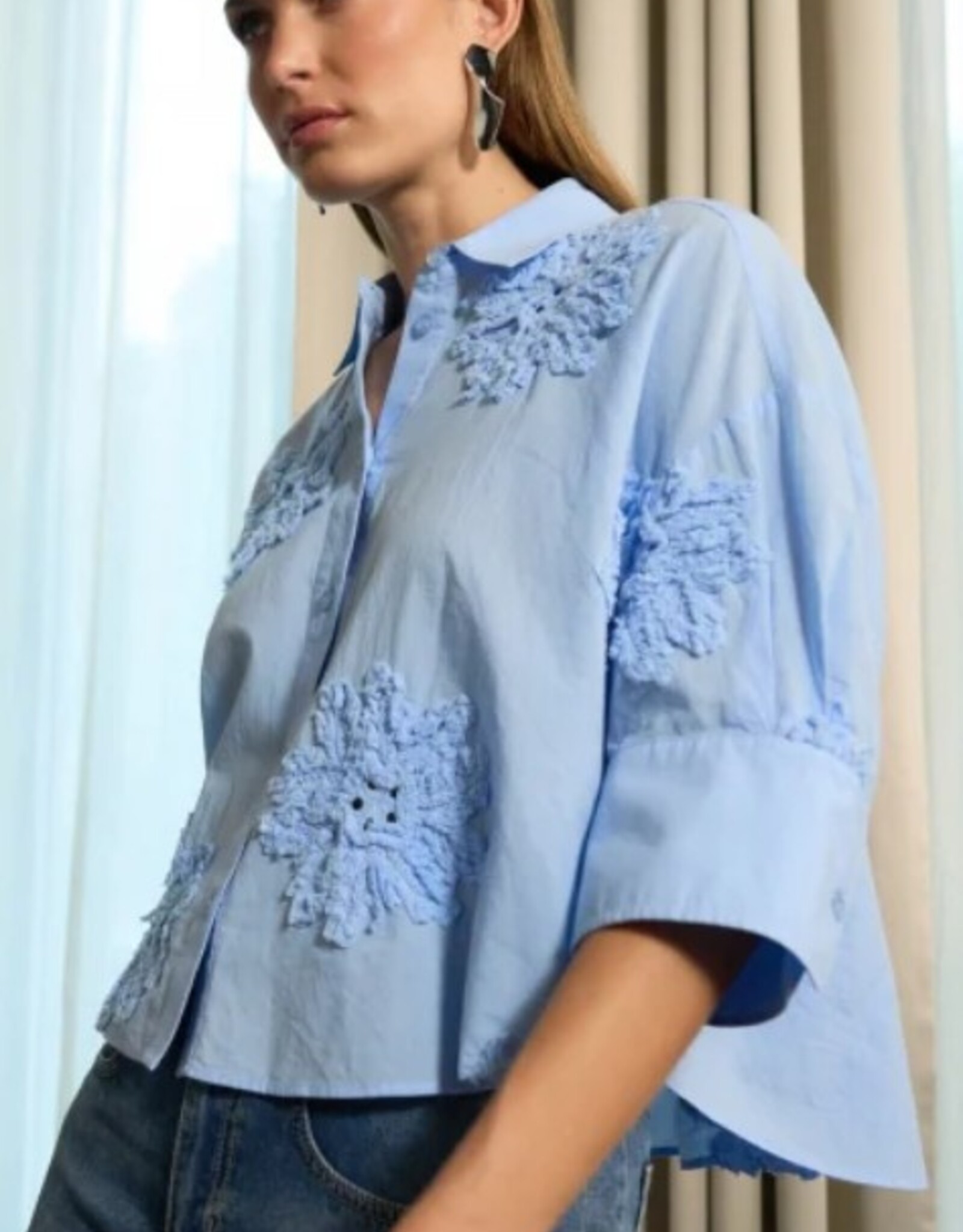 Marc Aurel Blouse Kort Wijd Embroid L.Blauw