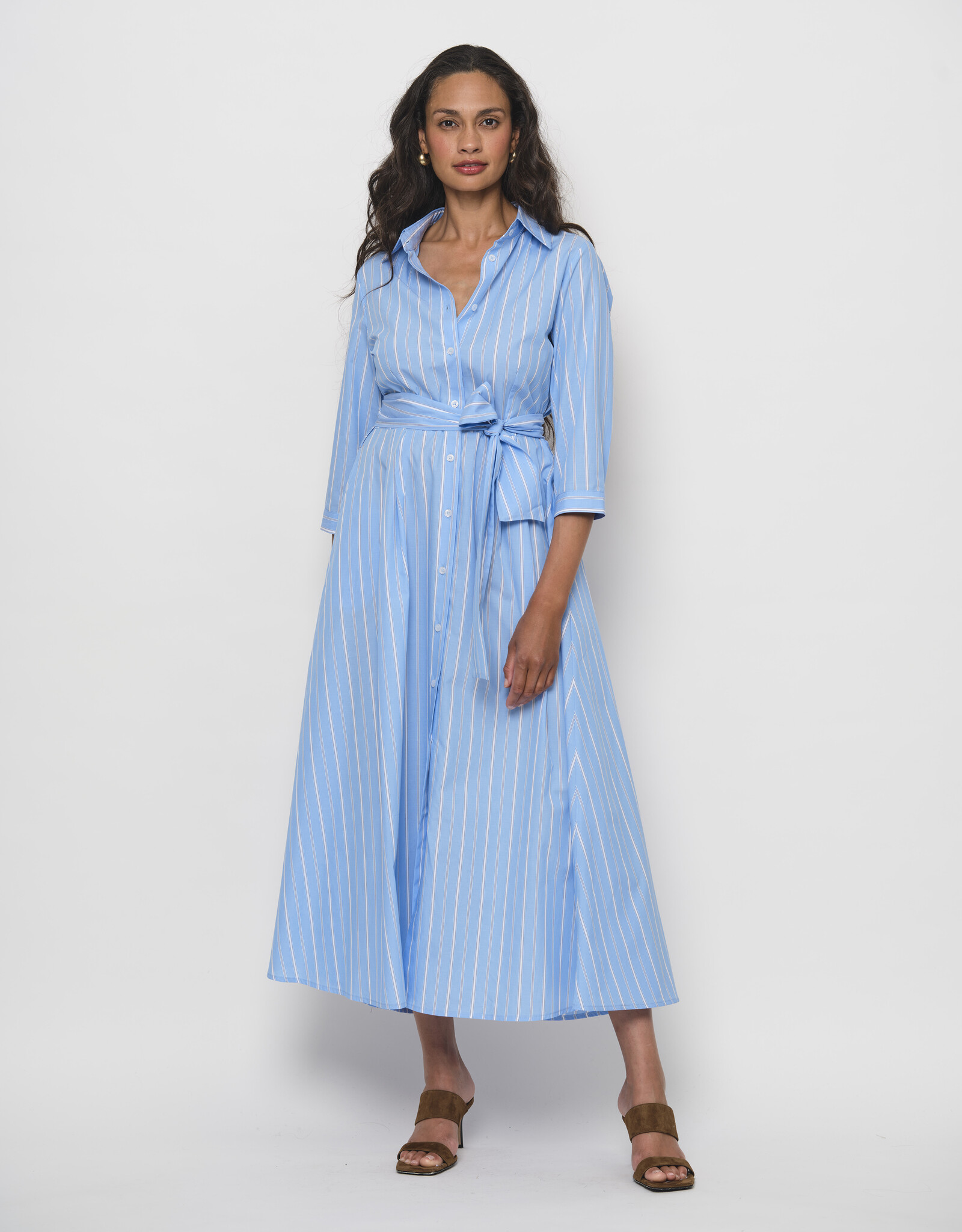 LaSalle Belted Flared Dress Blue White