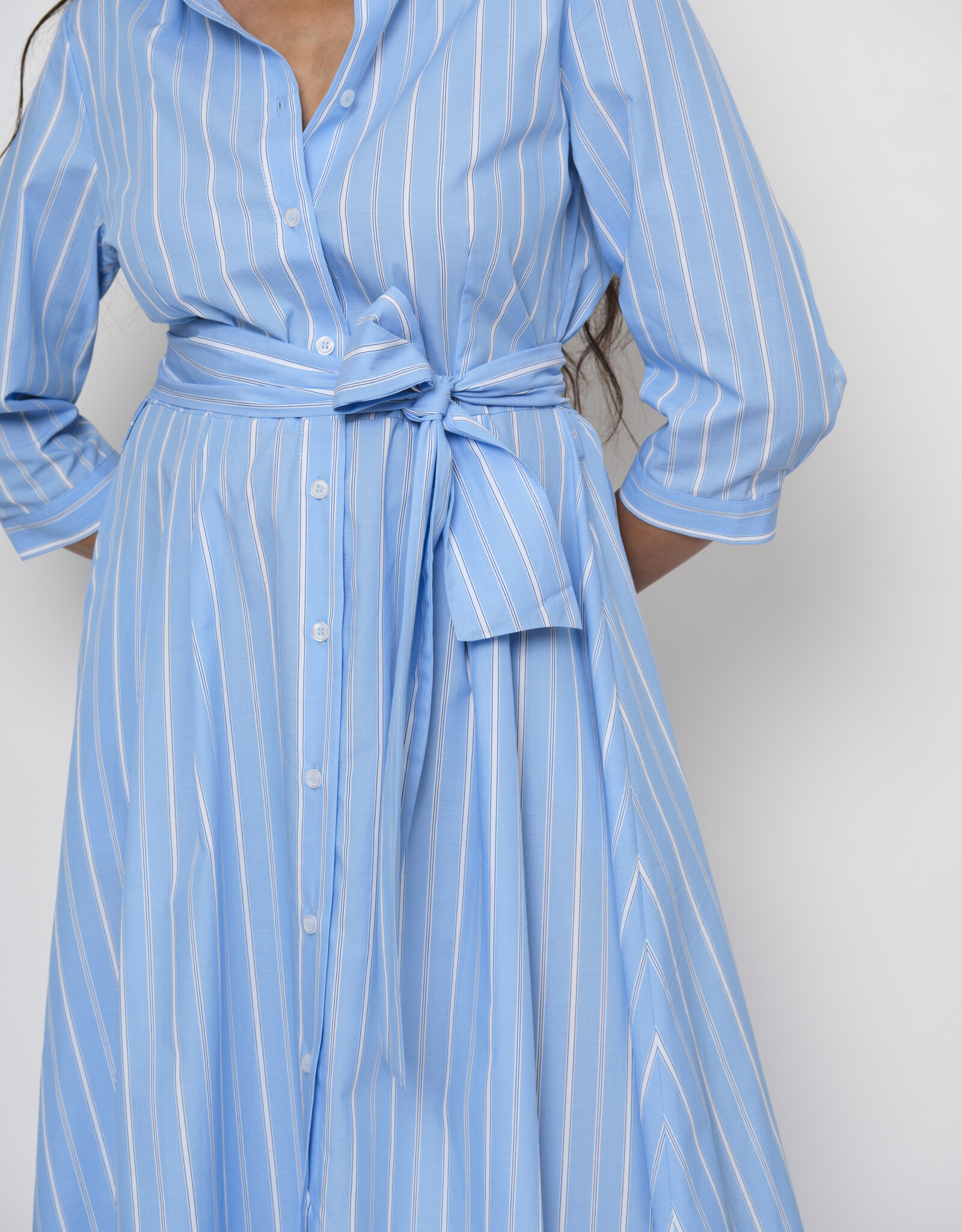 LaSalle Belted Flared Dress Blue White