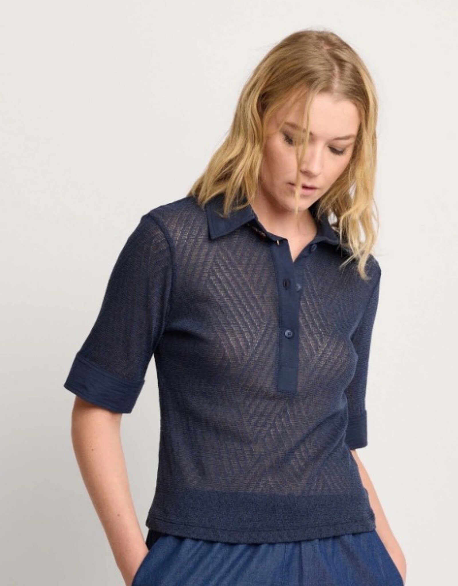 Kocca Nerina Polo/Blouse Donker Blauw  Fijn Gebreid