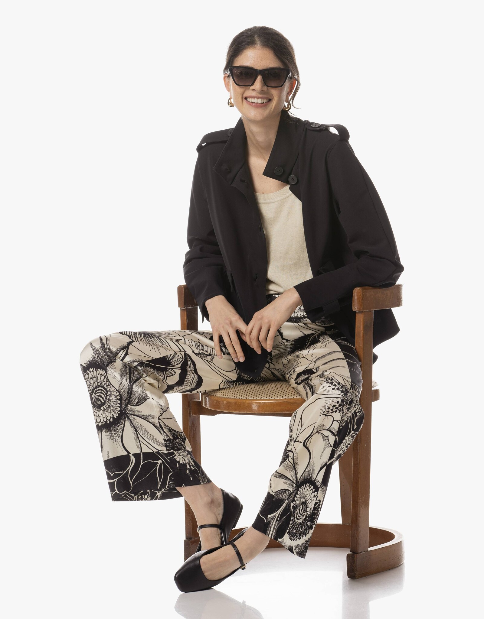 JapanTKY Pataky Dessin Pantalon Zwart/Wit Bloem Print