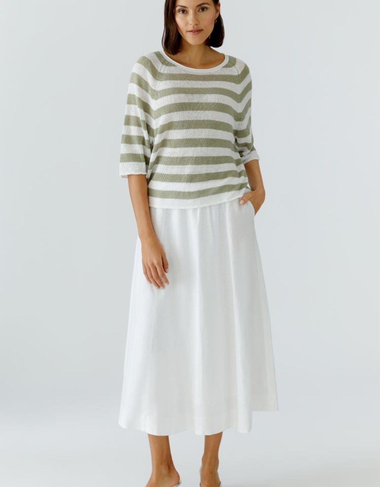 Oui Pullover Linnen White/Green streep