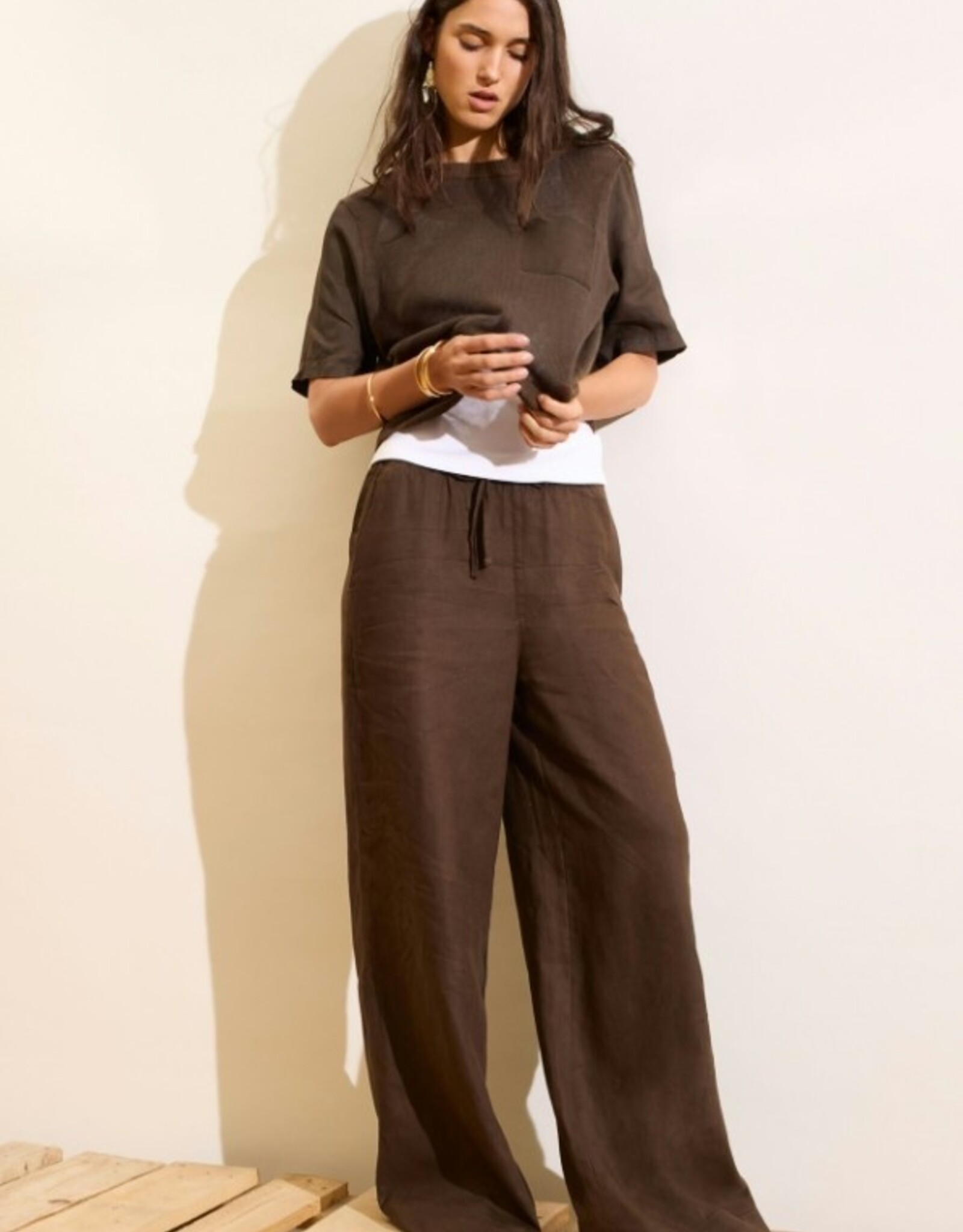 Oui Pantalon Linnen D Bruin