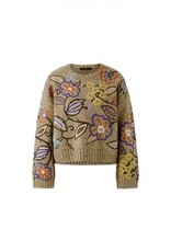 Oui Pullover Geborduurde Bloemprint  Camel Violet