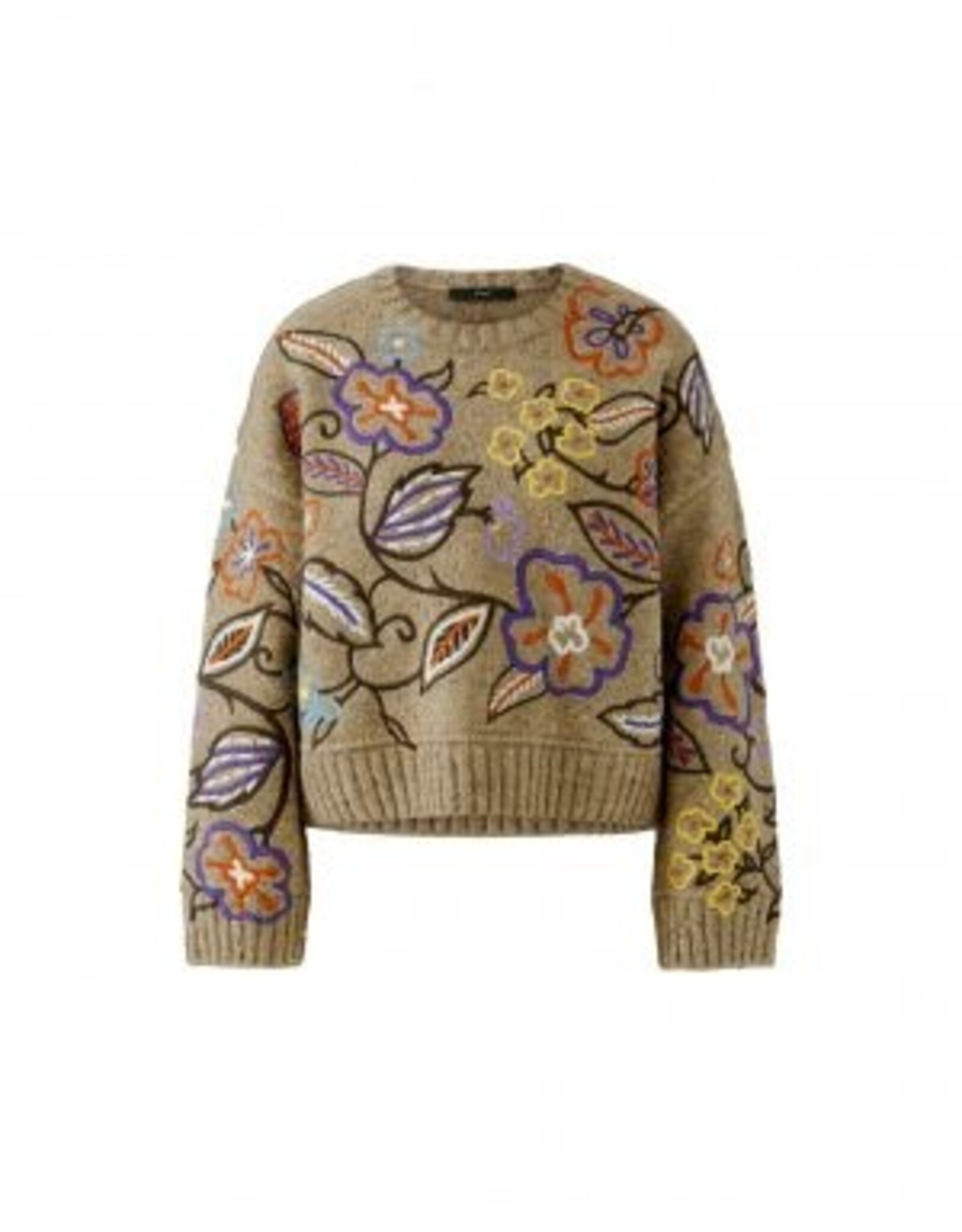 Oui Pullover Geborduurde Bloemprint  Camel Violet