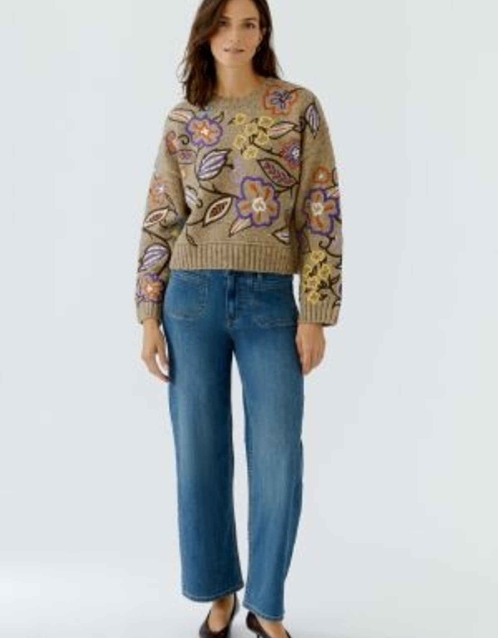 Oui Pullover Geborduurde Bloemprint  Camel Violet