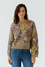 Oui Pullover Geborduurde Bloemprint  Camel Violet
