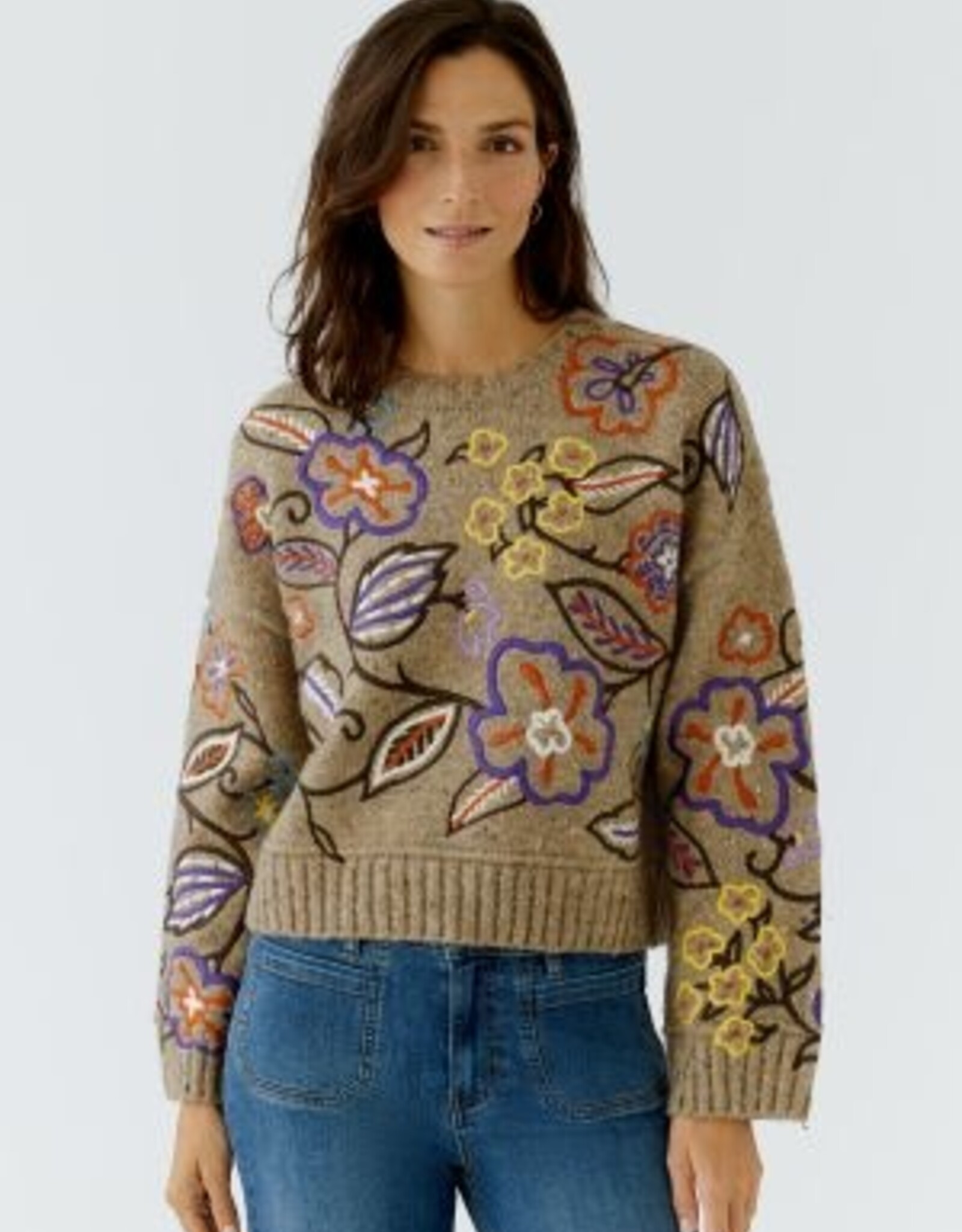 Oui Pullover Geborduurde Bloemprint  Camel Violet