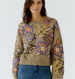 Oui Pullover Geborduurde Bloemprint  Camel Violet