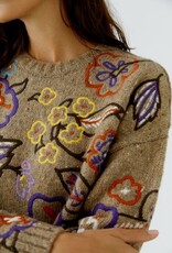 Oui Pullover Geborduurde Bloemprint  Camel Violet
