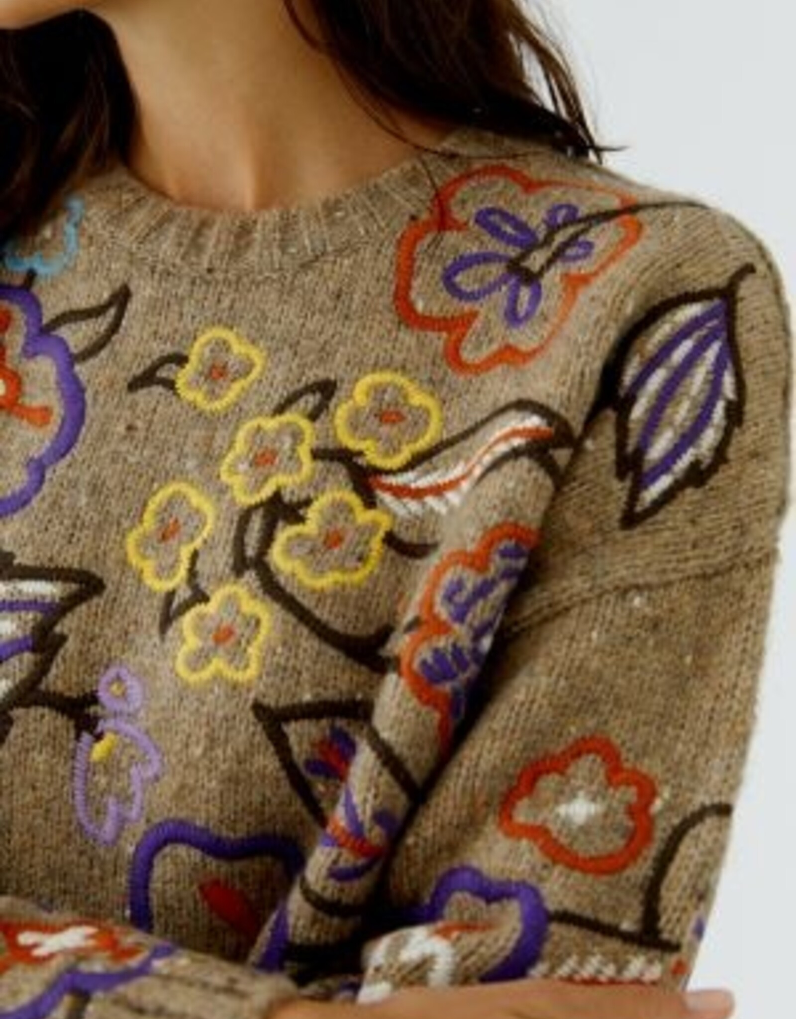 Oui Pullover Geborduurde Bloemprint  Camel Violet
