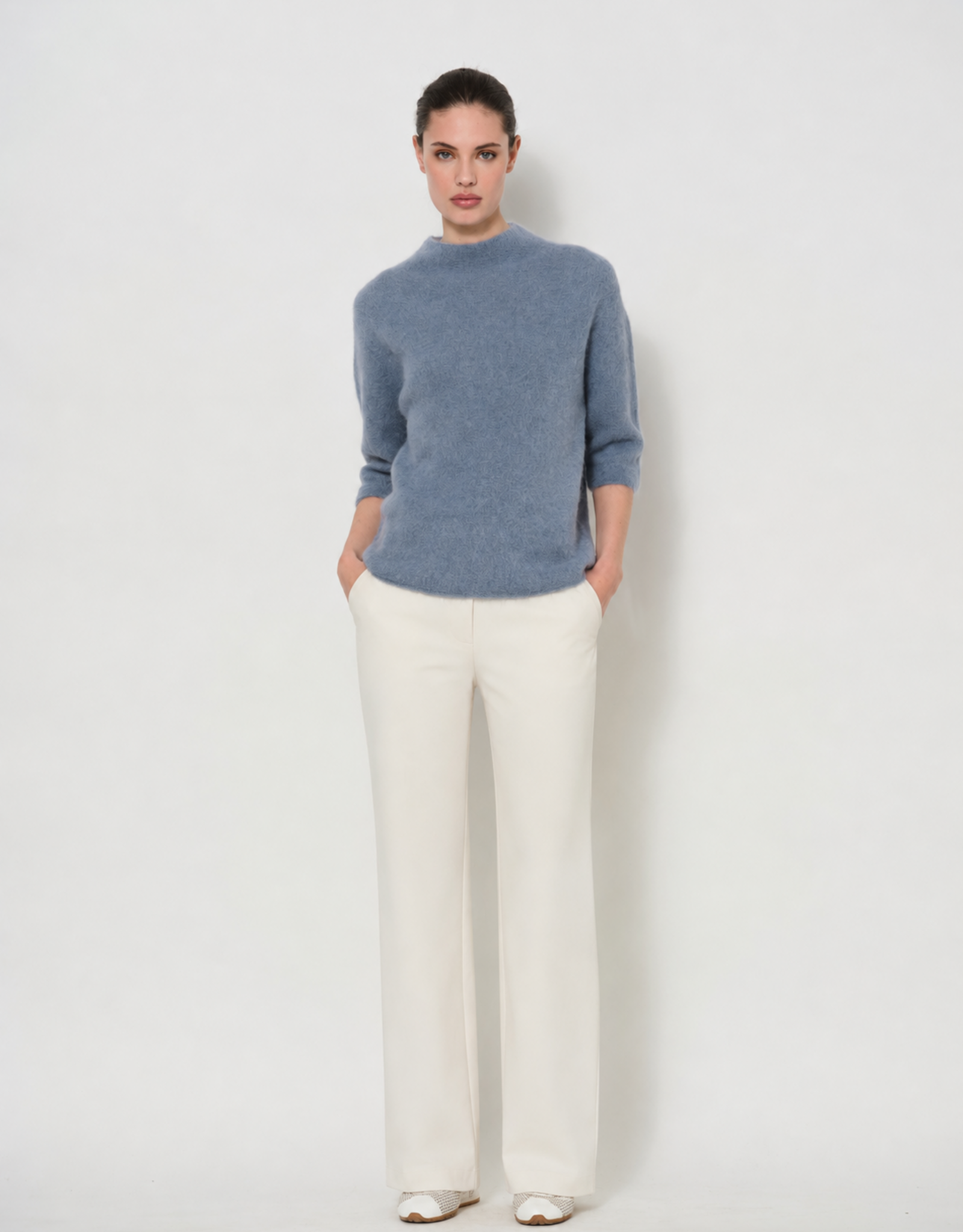 LaSalle Raised Neck Cropped Wide Sleeve Pullover Iron Blue