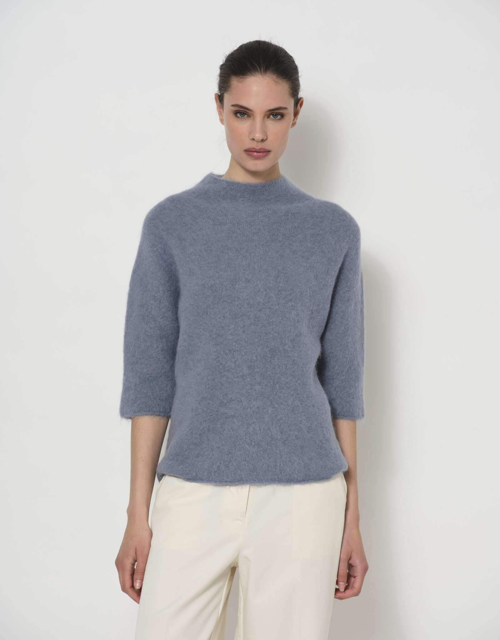 LaSalle Raised Neck Cropped Wide Sleeve Pullover Iron Blue