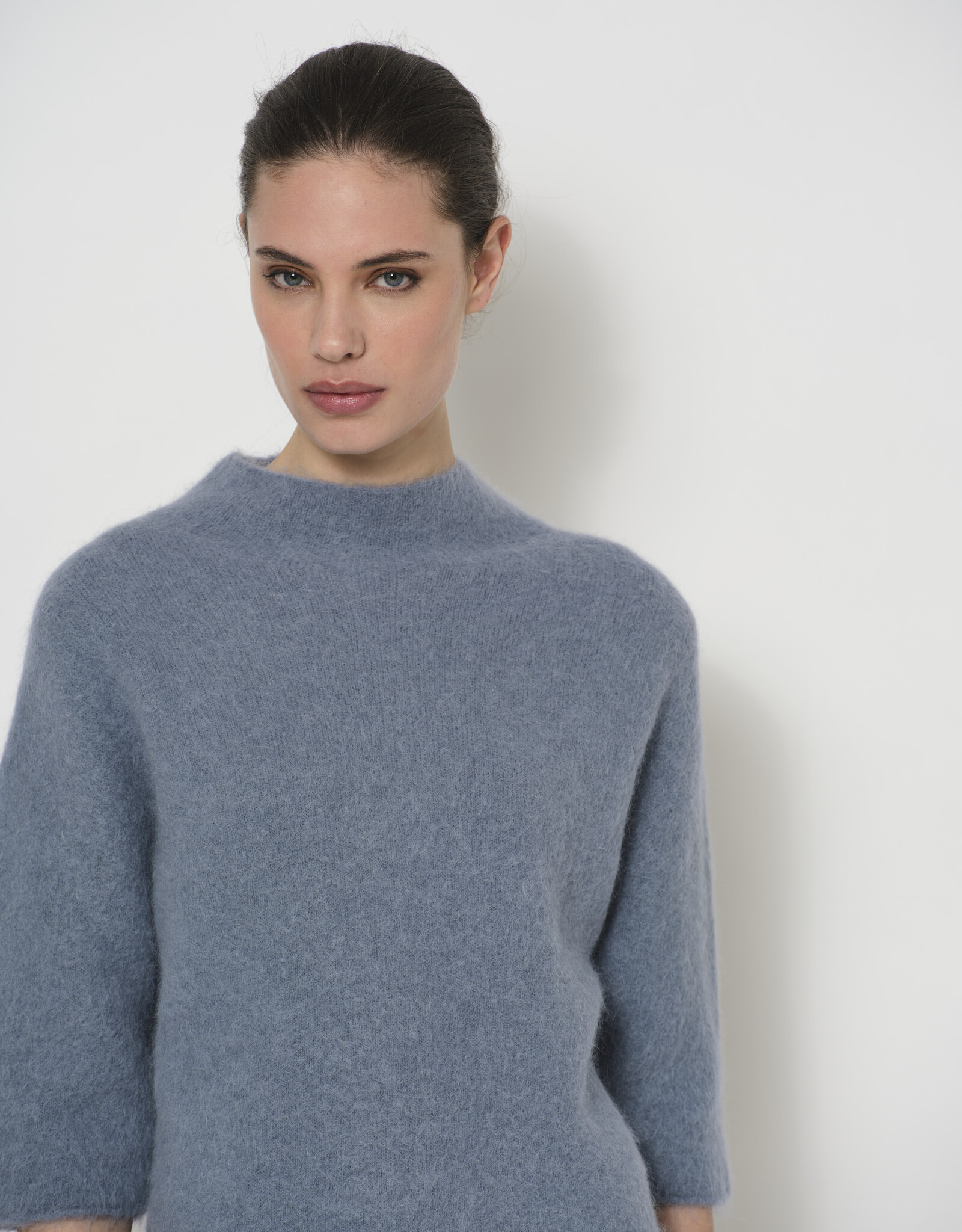 LaSalle Raised Neck Cropped Wide Sleeve Pullover Iron Blue