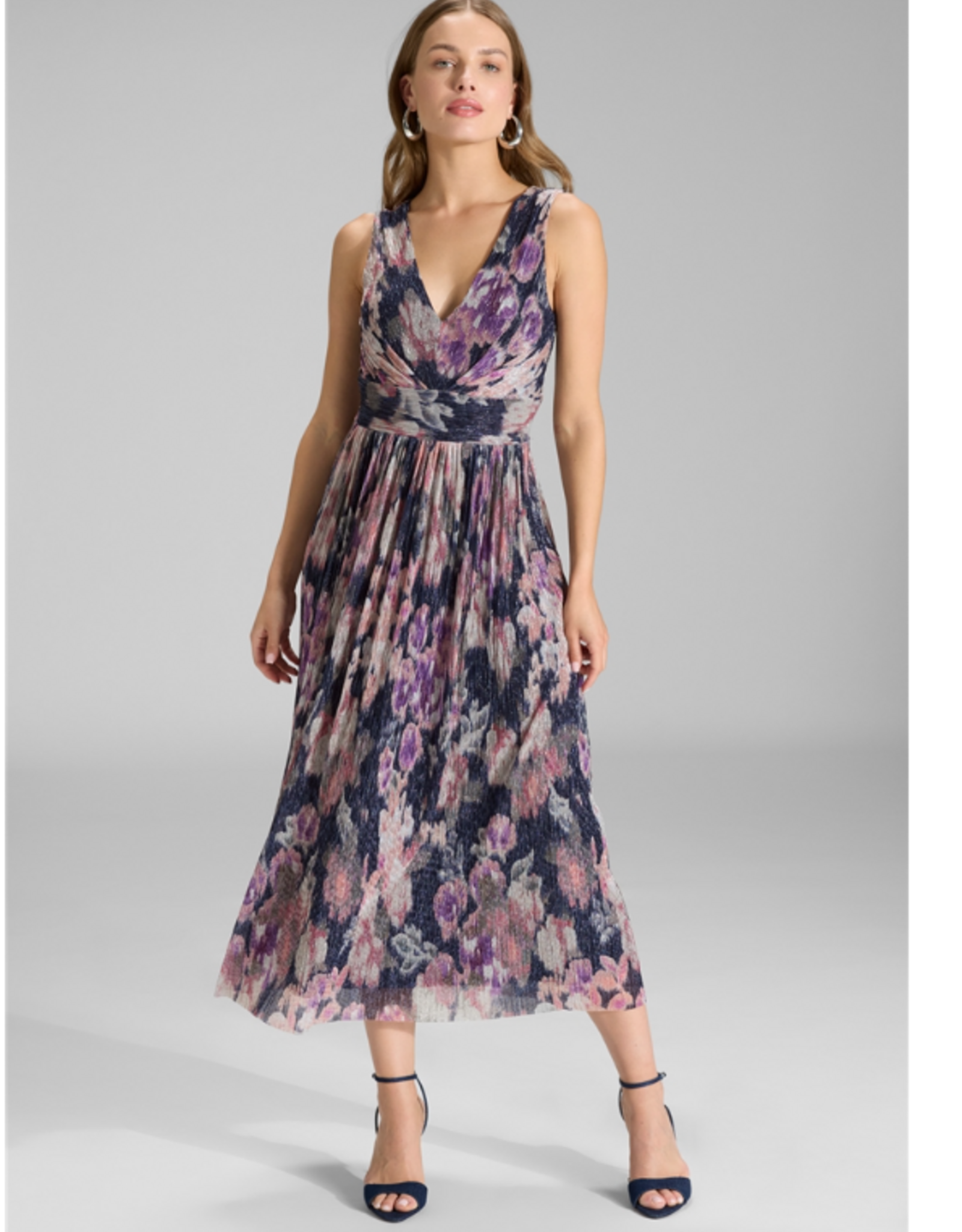Swing Jurk Cocktail Printed Pleated Jersey V-Hals Navy/Vintage Pink