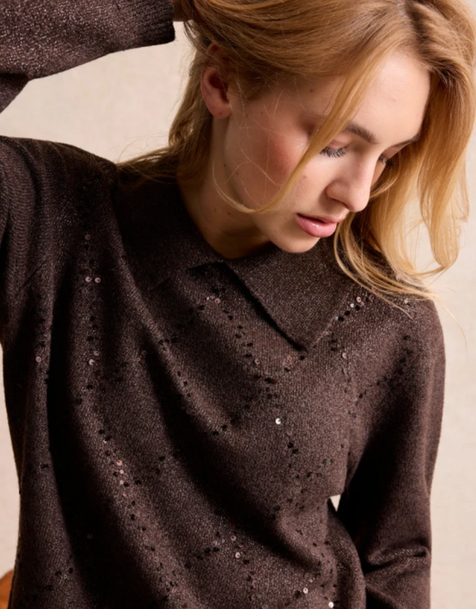 Leo&Ugo Pullover Polo Pailletten Brown