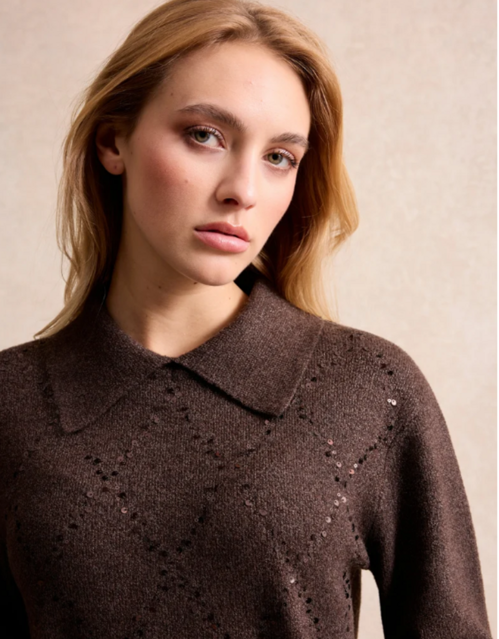 Leo&Ugo Pullover Polo Pailletten Brown