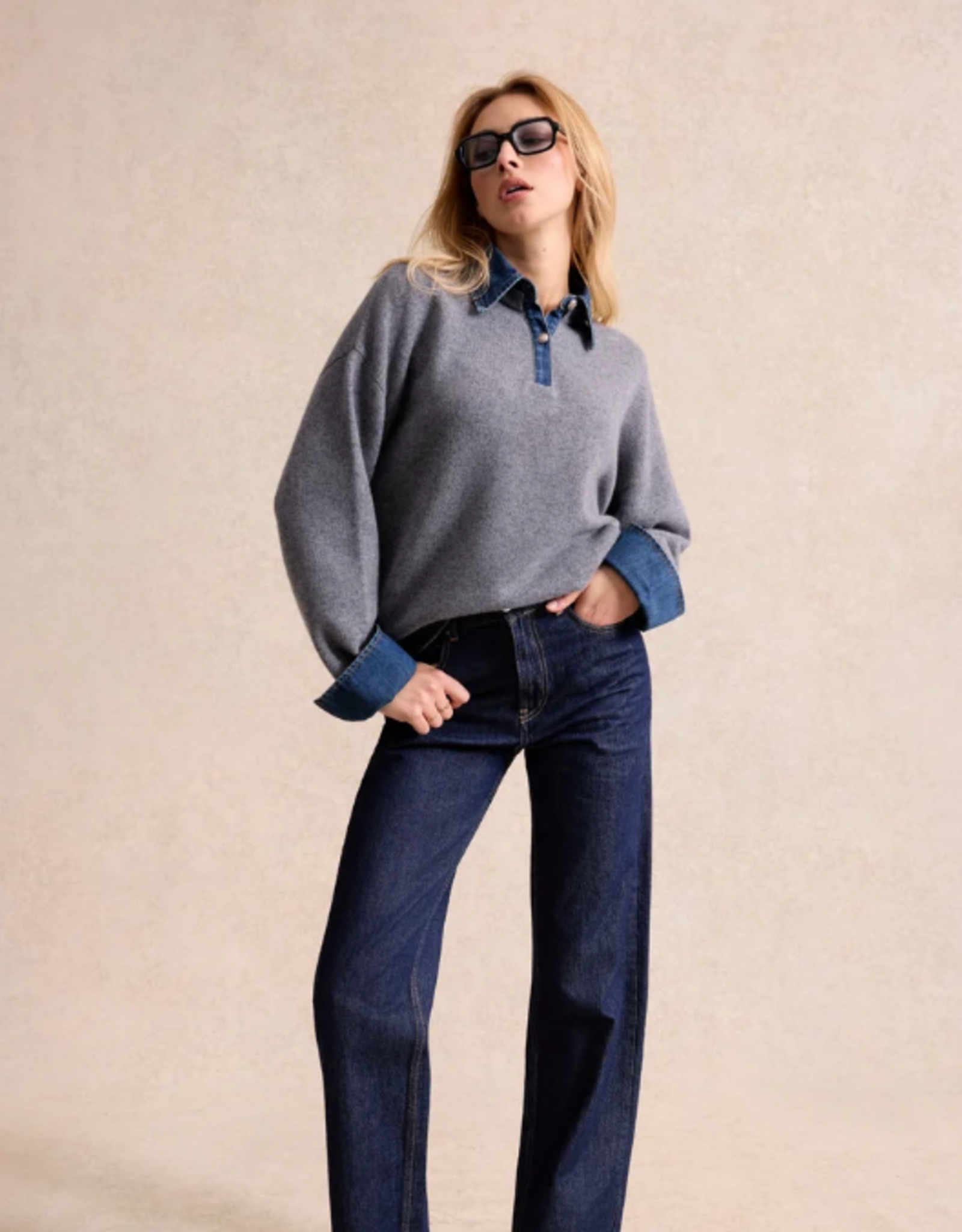 Leo&Ugo Grijze Pullover Casandre Met Jeans Kraag