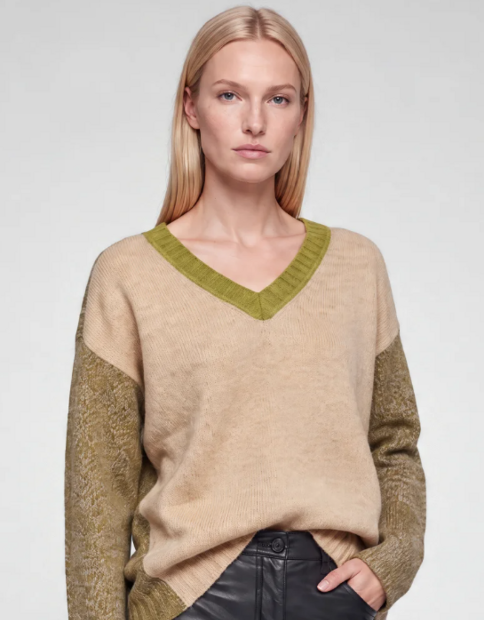 Marc Aurel Pullover V-Hals Patchwork Groen Sand