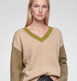 Marc Aurel Pullover V-Hals Patchwork Groen Sand