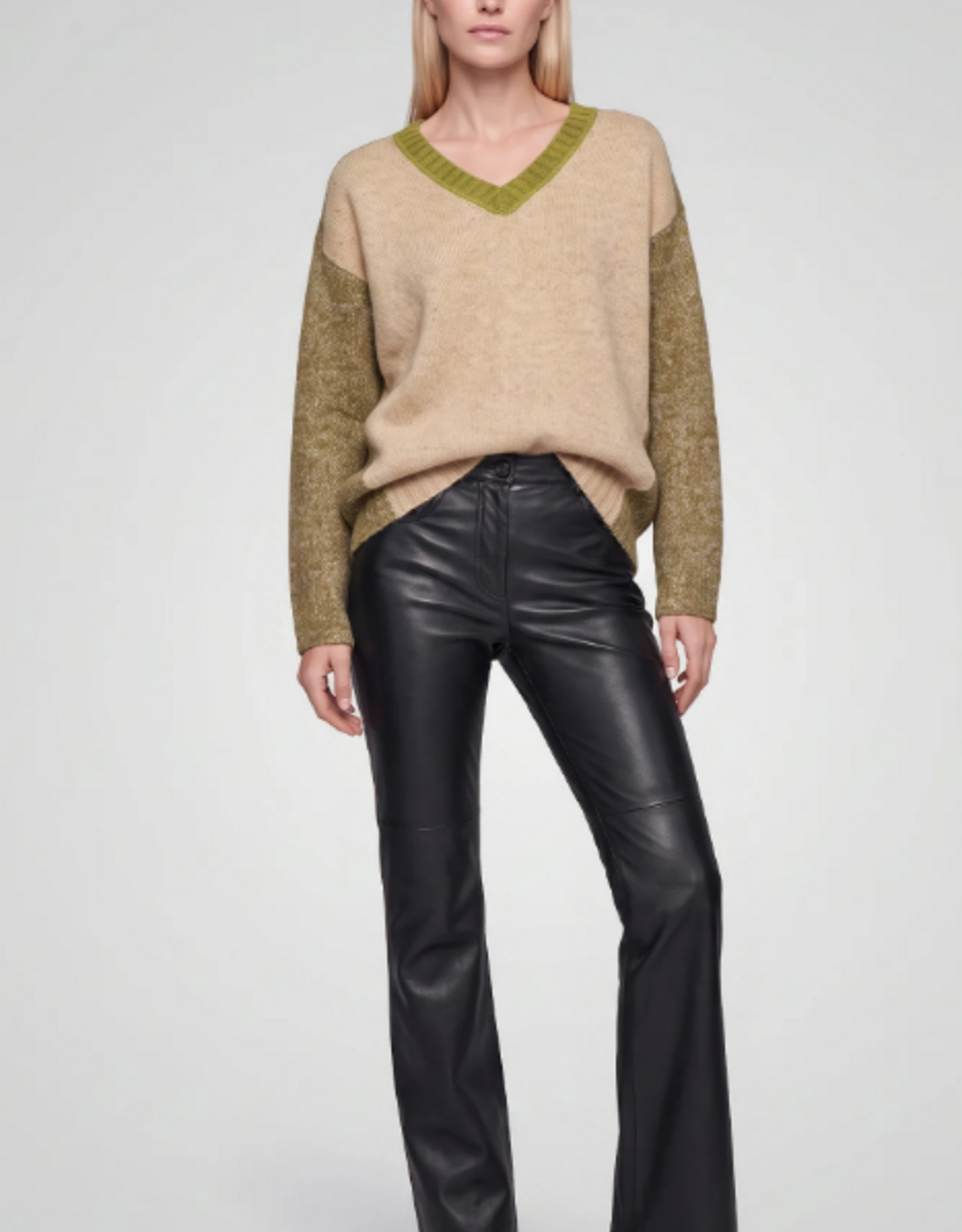 Marc Aurel Pullover V-Hals Patchwork Groen Sand