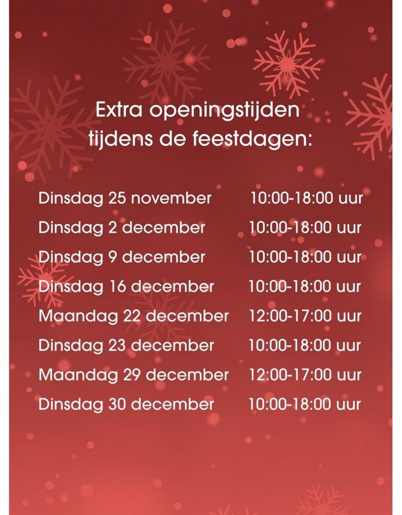 EXTRA OPENINGSTIJDEN