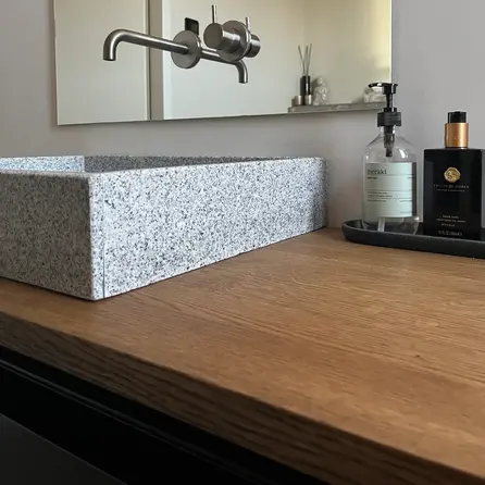 Waschtischplatte Eiche (mit Löchern) - nach Maß - 3 cm (30 mm) dick - Eichenholz A-Qualität (A/B) - Massivholz Waschtisch- / Waschbeckenunterschrank