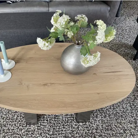 Couchtisch Eiche ellips/oval massiv - 2,7 cm (27 mm) dick - Eichenholz rustikal (B/C) - Sofa-/Wohnzimmertisch mit breiten Lamellen