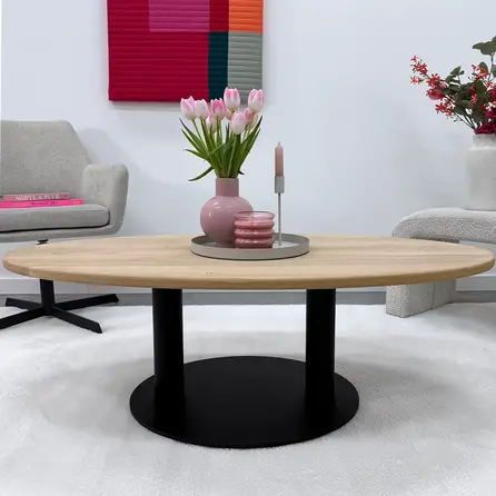 Couchtisch Eiche ellips/oval massiv - 2,7 cm (27 mm) dick - Eichenholz A-Qualität (A/B) - Sofa-/Wohnzimmertisch mit breiten Lamellen