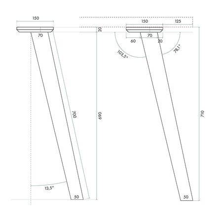 Tischbeine - Eiche - schräg - Set (4 Stück) - 71 cm hoch - Esstischbeine (massiv) aus Eichenholz rustikal (B/C) - HF 8-12% - Copy