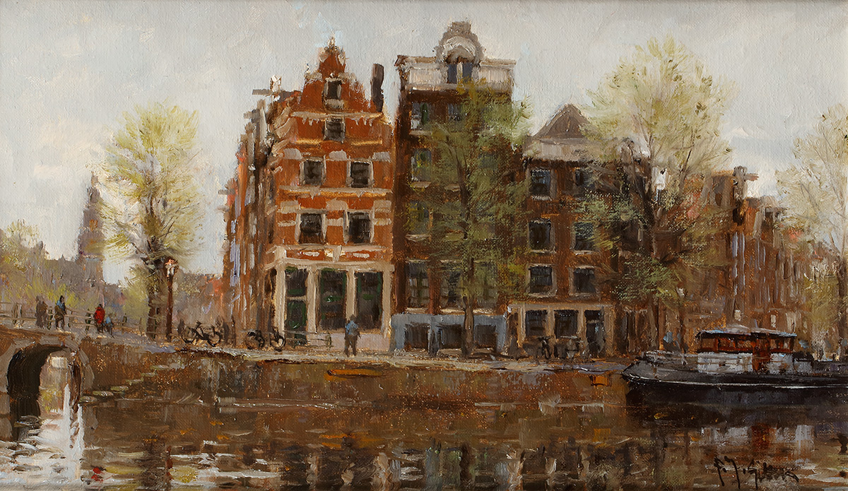 smallmasterpiece Amsterdam, Prinsengracht by Frits Goosen, oil on panel, 18x30 cm, framed 29x41 cm,, signed lower right