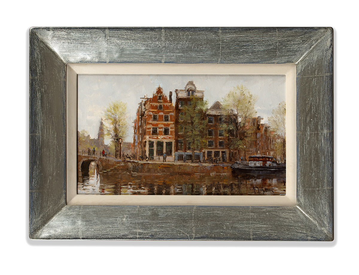 smallmasterpiece Amsterdam, Prinsengracht by Frits Goosen, oil on panel, 18x30 cm, framed 29x41 cm,, signed lower right