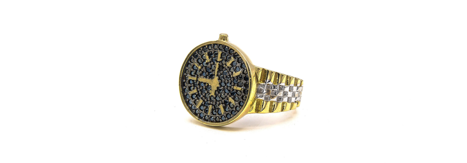 Ring met wijzerplaat met zwarte steentjes bicolor