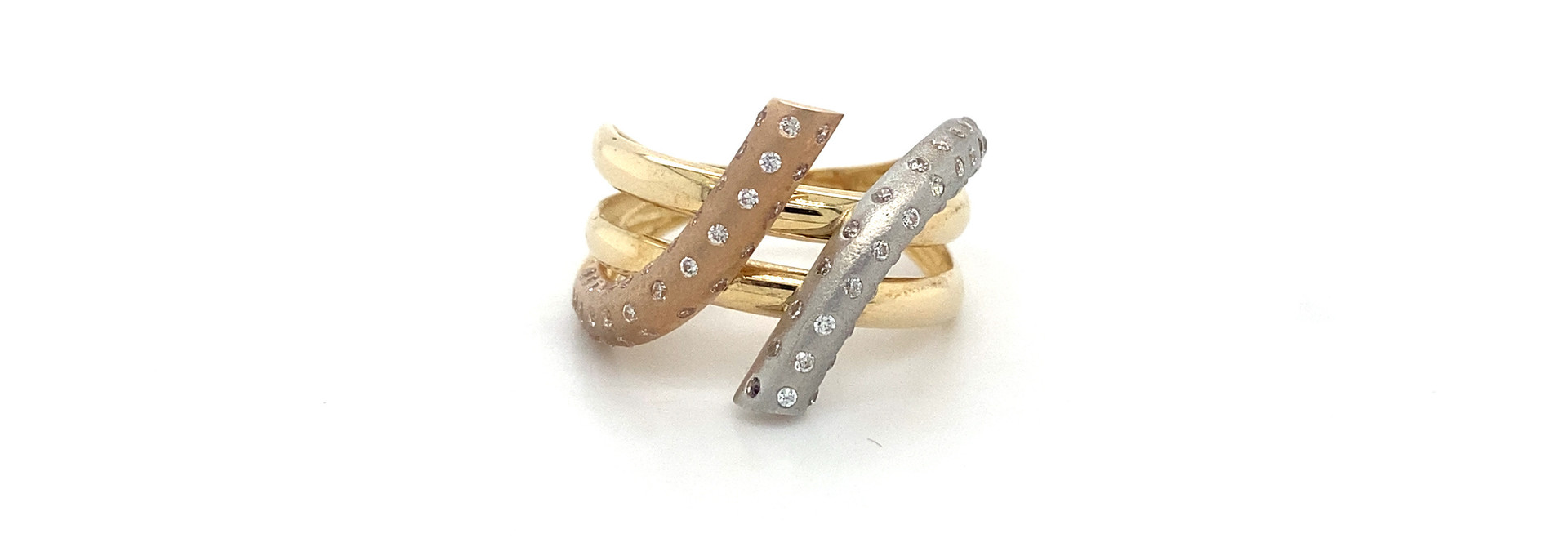 Ring tricolor fantasie met zirkonia's