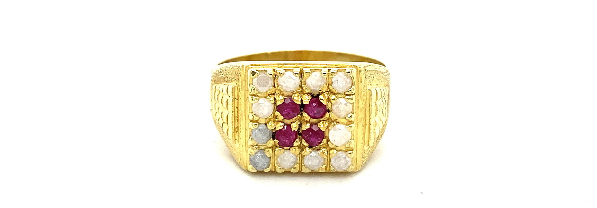 Ring zegel bezet met witte en roze stenen