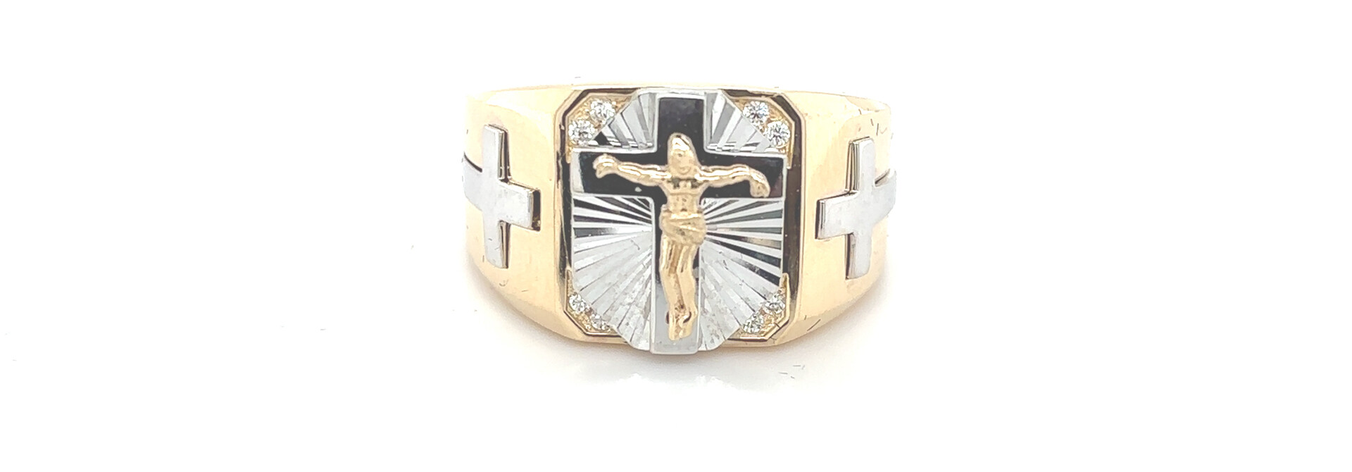 Ring zegel met Jezus en kruizen bezet met zirkonia's bicolor